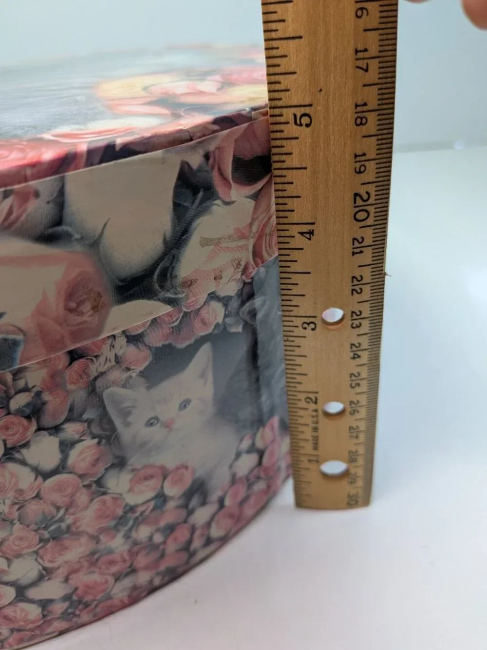 Vintage Large Round Kitten & Pink Roses Cardboard Hat Box Storage 12